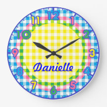 Personalized Pastel Checkered Kids Clock w/numbers