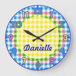 Personalized Pastel Checkered Kids Clock w/numbers