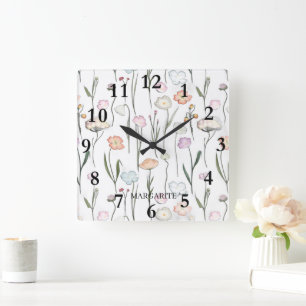 Personalized Pastel Flowers on White Square Wall Clock