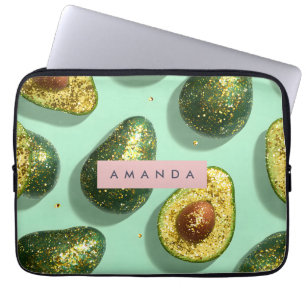 Personalized Pastel Glitter Avocado Design Laptop Sleeve