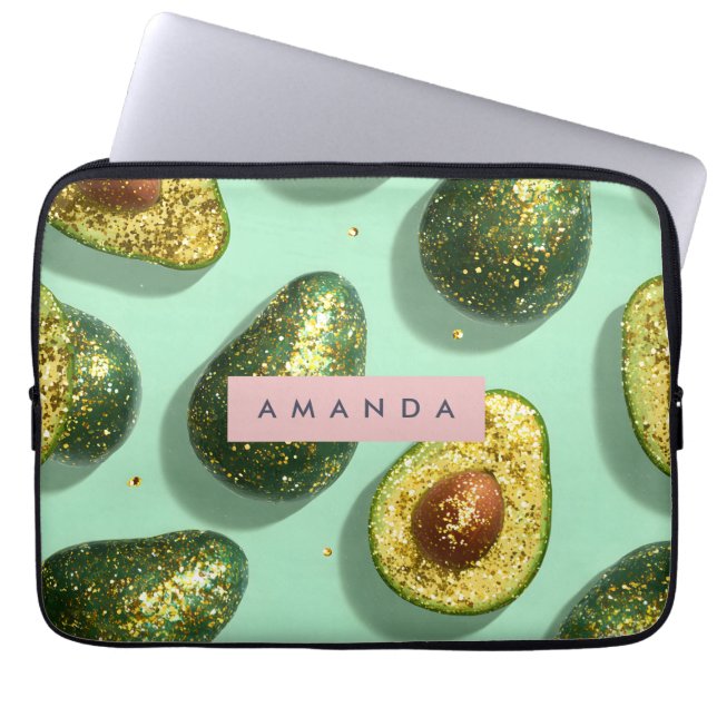 Personalized Pastel Glitter Avocado Design Laptop Sleeve (Front)