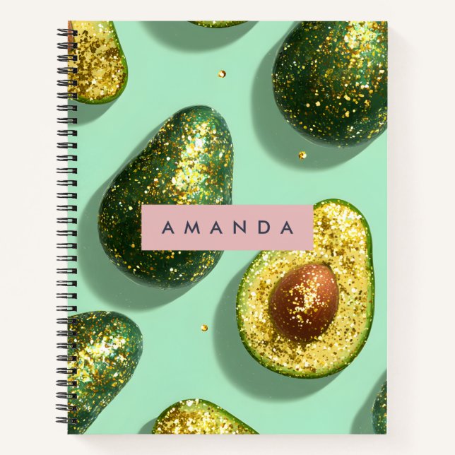Personalized Pastel Glitter Avocado Design Notebook (Front)