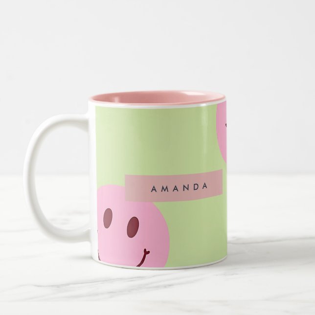 Personalized Pastel Green & Pink Smiley Face  Two-Tone Coffee Mug (Left)