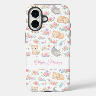 Personalized Pastel Kitten and Floral Name Custom  iPhone 16 Case