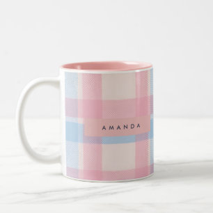 Personalized Pastel Pink and Blue Plaid Two-Tone Coffee Mug