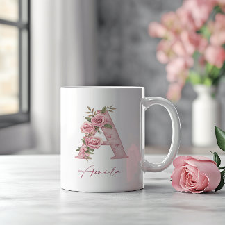 Personalized Pastel Pink Floral Monogram Letter A Coffee Mug