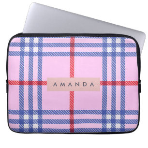 Personalized Pastel Pink Plaid with Red and Blue Laptop Sleeve