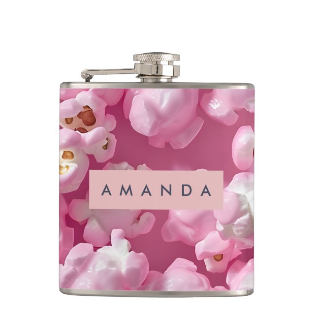 Personalized Pastel Pink Popcorn  Hip Flask (Front)