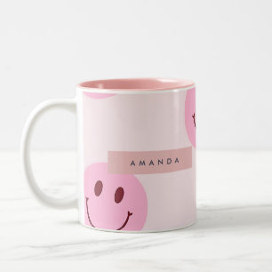 Personalized Pastel Pink Smiley Face  Two-Tone Coffee Mug