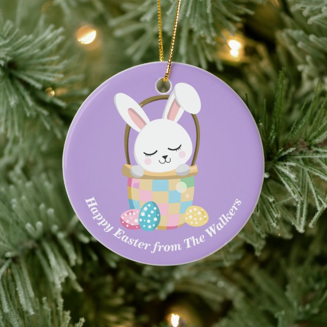 Personalized Pastel Purple Happy Easter Bunny Ceramic Ornament (Tree)