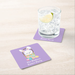 Personalized Pastel Purple Happy Easter Party Square Paper Coaster