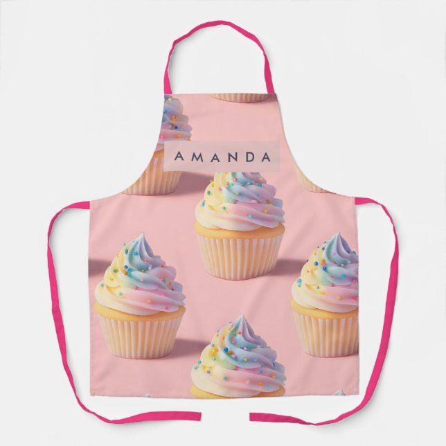 Personalized Pastel Rainbow Cupcake Pattern Apron (Front)