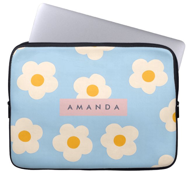 Personalized Pastel Retro Blue Daisy Flower Laptop Sleeve (Front)