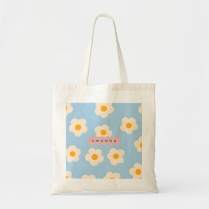 Personalized Pastel Retro Blue Daisy Flower Tote Bag