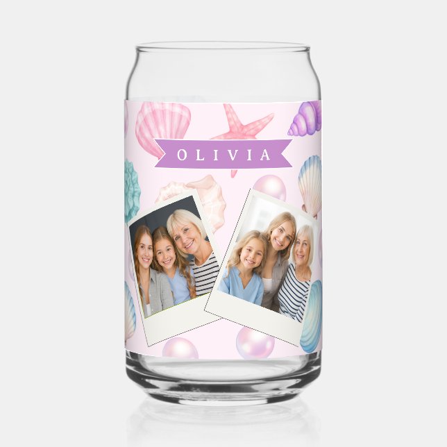 Personalized Pastel Seashell Coastal Custom Name Can Glass (Front)