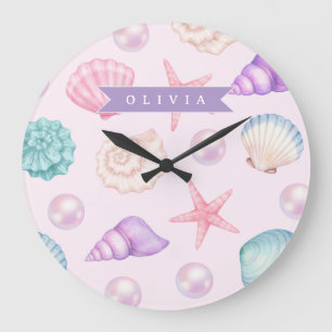 Personalized Pastel Seashell Coastal Custom Name Large Clock