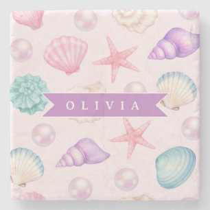 Personalized Pastel Seashell Coastal Custom Name Stone Coaster