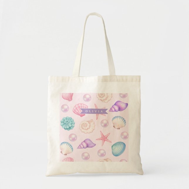 Personalized Pastel Seashell Coastal Custom Name Tote Bag (Front)