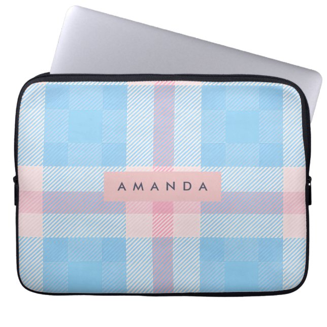 Personalized Pastel Sky Blue and Blush Pink Plaid Laptop Sleeve (Front)