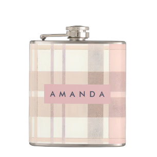 Personalized Pastel Soft Blush Beige Plaid Hip Flask