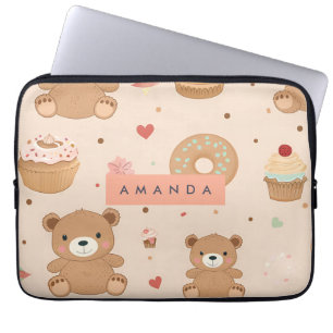 Personalized Pastel Teddy Bear and Donut Dessert Laptop Sleeve