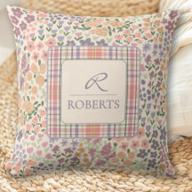 Personalized Patchwork Floral & Plaid Throw Pillow