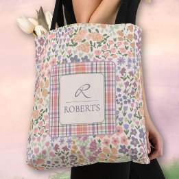 Personalized Patchwork Floral & Plaid Tote Bag