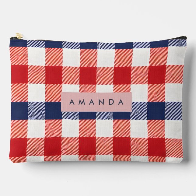 Personalized Patriotic Red, White & Blue Gingham Accessory Pouch (Front)