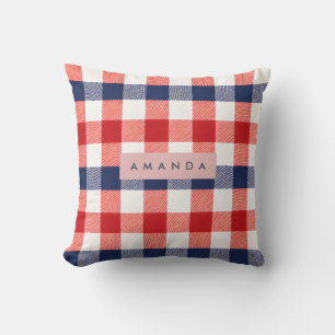 Personalized Patriotic Red, White & Blue Gingham Cushion