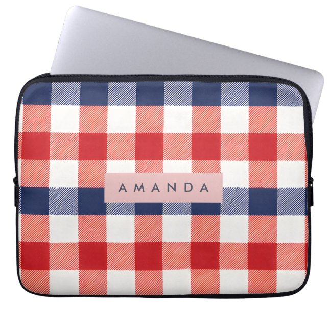 Personalized Patriotic Red, White & Blue Gingham Laptop Sleeve (Front)