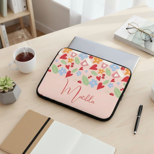 Personalized pattern with hearts, flowers, cherry laptop sleeve (Creator Uploaded)