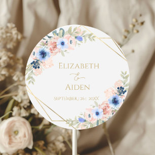 Personalized Peach Blue Wedding Classic Round Sticker