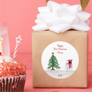 Personalized Peggy Penguin 1st Christmas stickers
