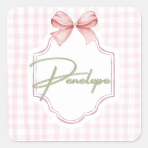 Personalized Penelope Baby Girl Nursery Gingham  Square Sticker