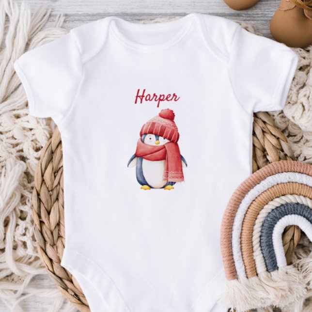 Personalized Penguin in Red Hat Baby Bodysuit (Creator Uploaded)
