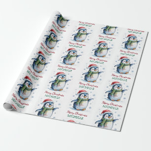 Personalized Penguin in Santa Hat Christmas        Wrapping Paper