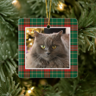 Personalized Pet Cat Dog Christmas Plaid Ceramic Ornament