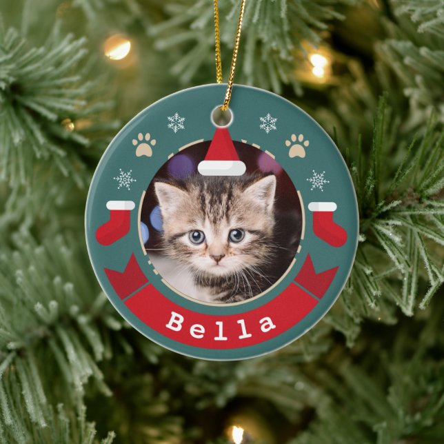 Personalized Pet Cat Photo Meowy Christmas Holiday Ceramic Ornament (Tree)