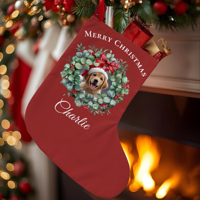 Personalized Pet Christmas with Wreath & Name Large Christmas Stocking (Creator Uploaded)