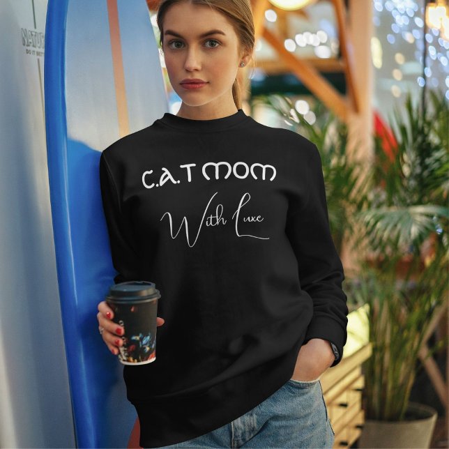 Personalized Pet Lover White Script Black Cat Mom Sweatshirt (Creator Uploaded)