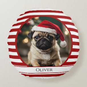 Personalized Pet Photo Candy Cane Red Stripes Round Cushion