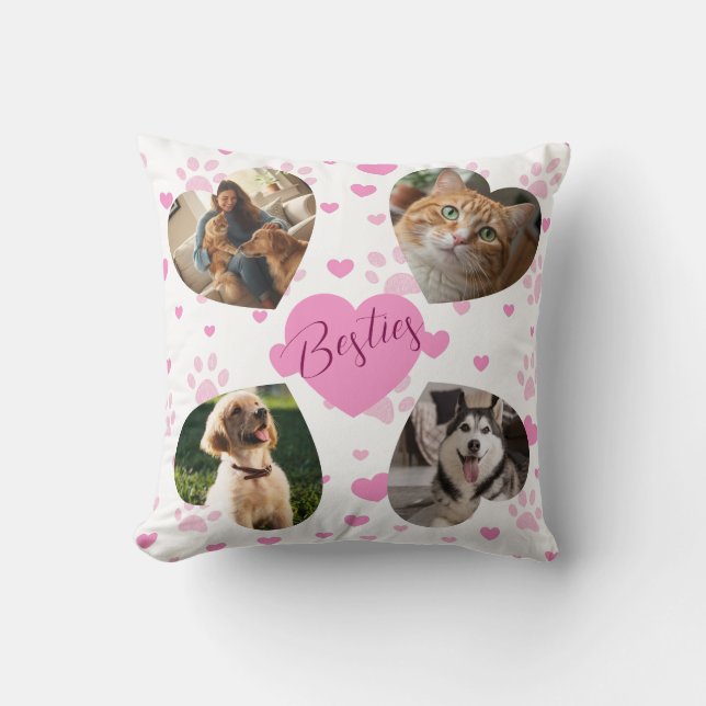 Personalized Pet Photo Collage Pink Hearts Cushion (Front)