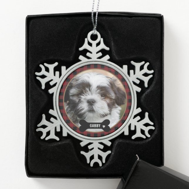 Personalized Pet Photo Red Plaid Elegant Snowflake Pewter Christmas Ornament (Box)