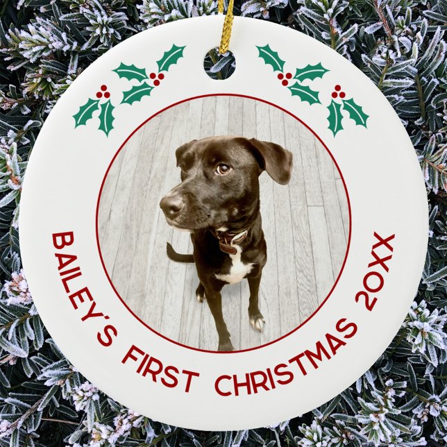 Personalized Pet Puppy Dog First Christmas Photo Ceramic Ornament (Dog first Christmas photo ceramic ornament for pet lovers)