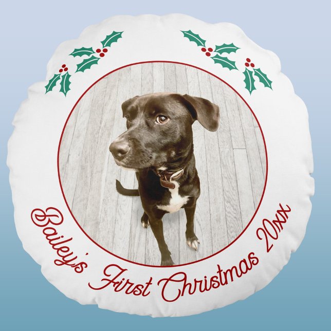 Personalized Pet Puppy Dog First Christmas Photo Round Cushion (Puppy dog first Christmas personalized custom text and name pet photo pillow with Holly)