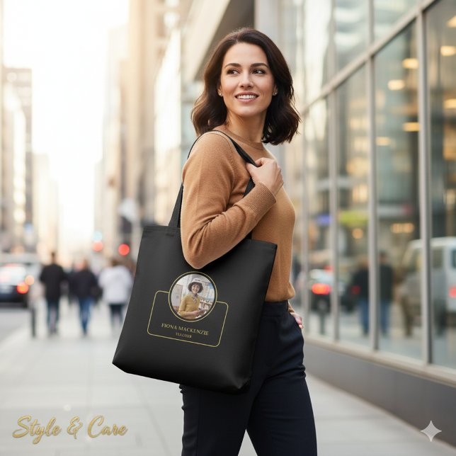 Personalized Photo and Name with Job Title Black Tote Bag (Personalized Photo and Name with Job Title Black Tote Bag)