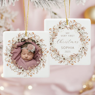 Personalized Photo Baby 1st Christmas Wildflowers Ceramic Ornament