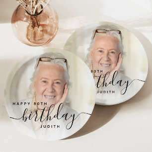 Personalized Photo Black Script 80th Birthday Paper Plate