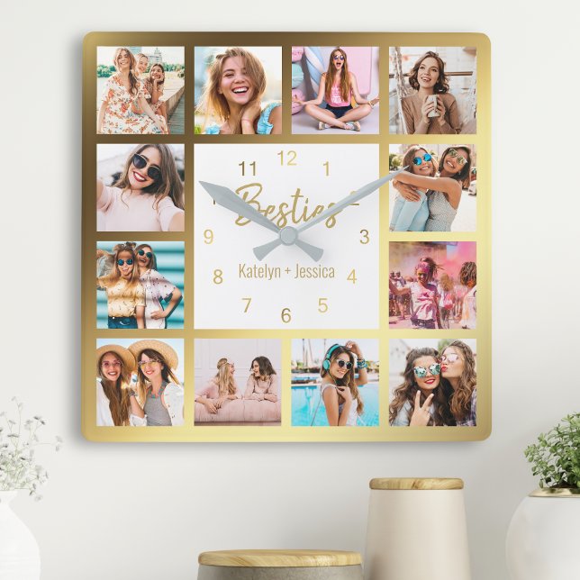 Personalized Photo Collage Besties Gold White Square Wall Clock (Creator Uploaded)