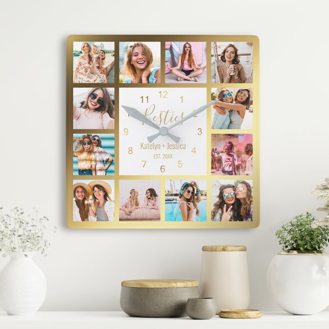 Personalized Photo Collage Besties Gold White Square Wall Clock (Creator Uploaded)